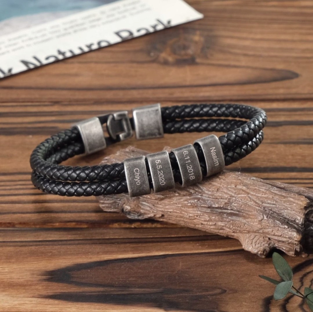 Personalized Vintage Mens Name Bracelet Custom Engraved Bead Family Name Bracelet for Dad Mens