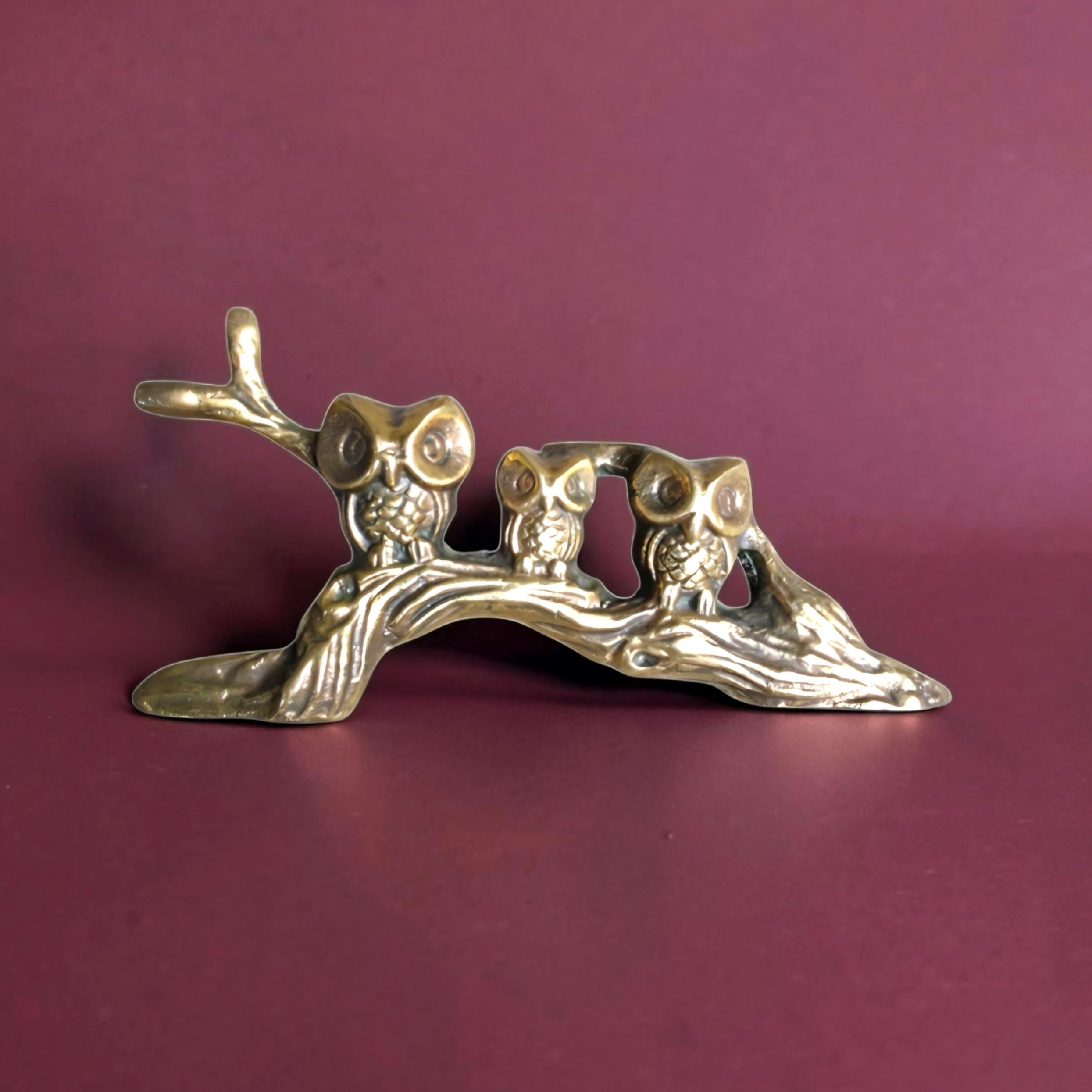 Vintage Solid Brass Owls on Branch Decor Figurine 7"