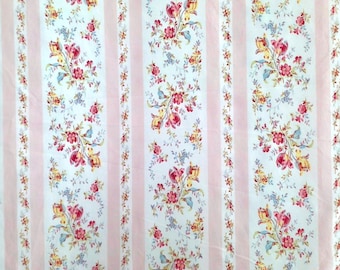 Ralph Lauren Millicent Queen Flat Sheet, Pink Floral Stripes, Italian Cotton