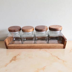 Vintage 70s Set 4 Kitchen Storage Canisters & Holder, Anchor Hocking Glass Storage Containers With Wooden Lids