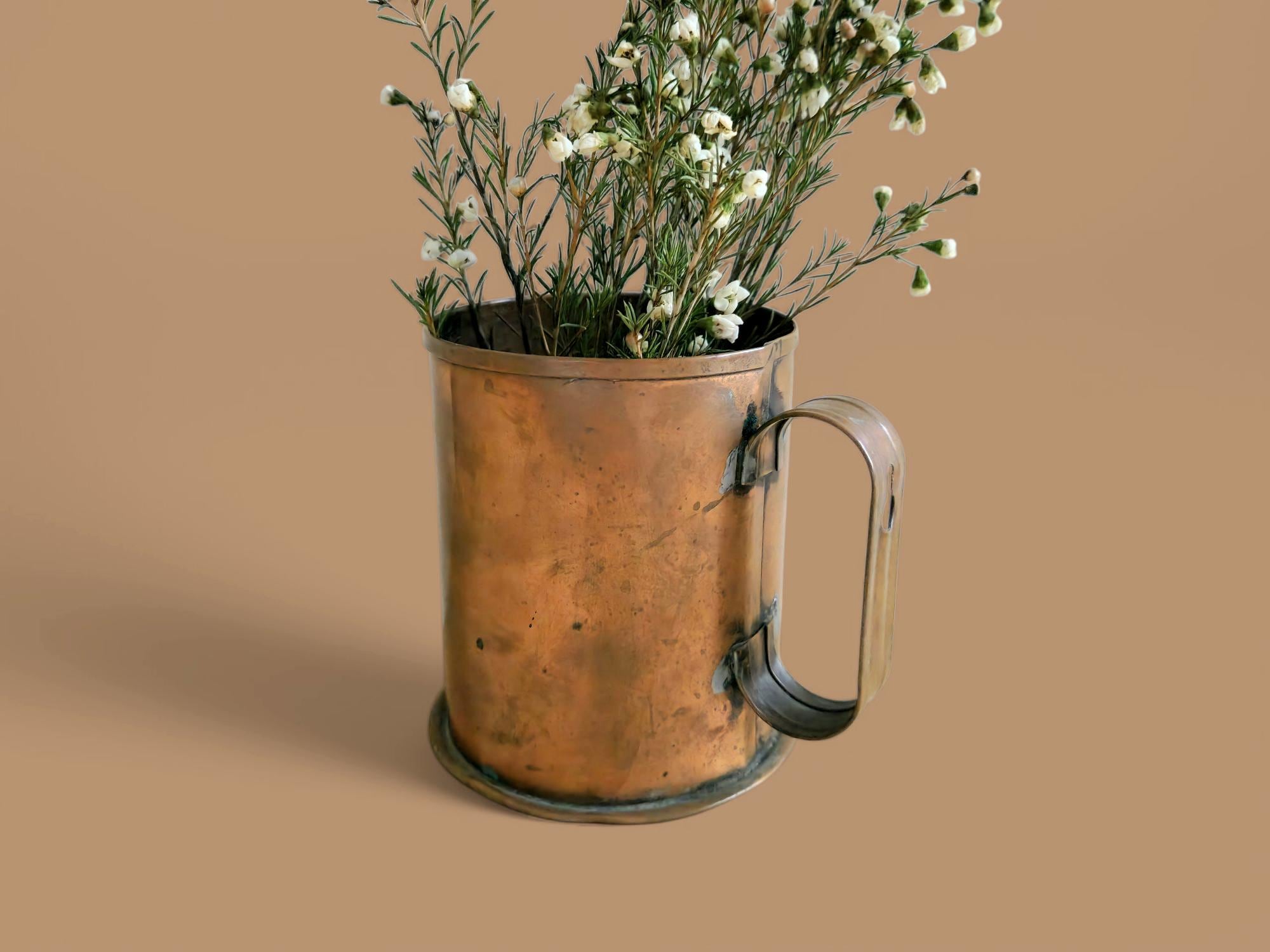 Rustic Copper Hanging Wall Planter Pot, Vintage Copper Upright Storage Container