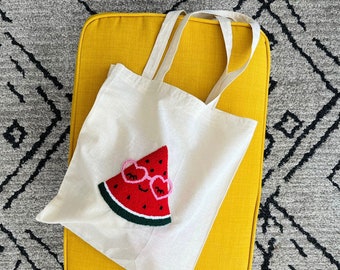 Punch Needle Canvas Bag, Hand Embroidered Cotton Tote Bag, Watermelon Shoulder Bag, Summer Design Ecobag, Birthday Gift