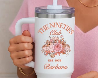 90th Birthday Tumbler Personalized Large Capacity Travel Mug Handle Design Custom Floral Cup Handle Insulated Drink Container Hot Cold