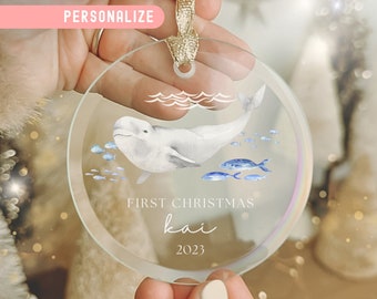 Whale Baby First Christmas Ornament Custom Ocean Decor Nursery Gift Personalized Unique Glass Ornament Holiday 1st Keepsake Beluga Whale