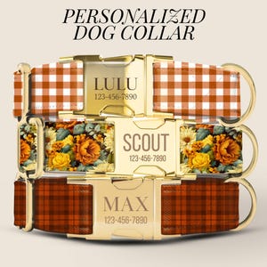 May include: Three dog collars stacked vertically, each featuring a gold-tone metal buckle engraved with a name and phone number. The top collar has an orange and white gingham pattern, the middle has a floral print, and the bottom has a plaid pattern.