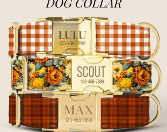 Rust Gingham Dog Collar Personalized Fall Dog Collar with Engraved Gold Buckle Preppy Orange Plaid Collar Matching Leash Set (ASD-043)