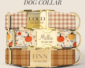Autumn Dog Collar Personalized Engraved Gold Buckle Cozy Neutral Autumn Pet Collar Thanksgiving Dog Outfit Boutique ID Collar (ASD-044)