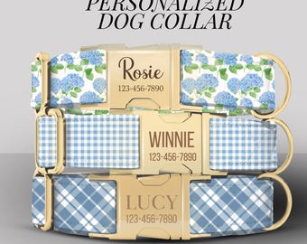 Hydrangea Dog Collar, Personalized Engraved Dog Collar, Custom Name Collar, Preppy Gingham Dog Collar, Adjustable Girl Dog Collar (ASD-025)