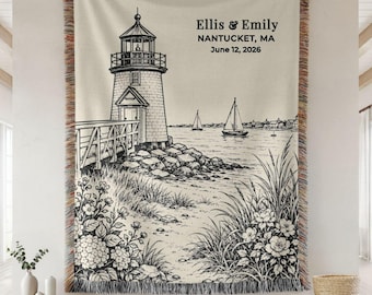 Personalized Nantucket Wedding Gift Woven Blanket Custom Couple Keepsake Coastal Massachusetts Anniversary Newlywed Engagement Home Decor