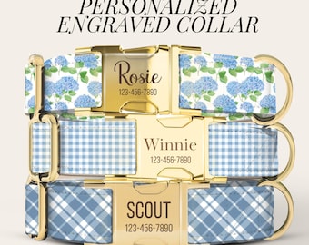 Hydrangea Dog Collar Personalized Engraved Dog Collar Custom Name and Phone Collar Preppy Floral Gingham Collar Girl Dog Collar (ASD-025)