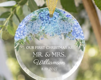 Mr and Mrs First Christmas Ornament Wedding Our First Christmas as Mr Mrs Ornament Glass Married Newlywed Gift Couple Dusty Blue Hydrangea