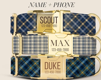 Navy Plaid Dog Collar, Personalized Engraved Dog Collar, Blue Plaid Collar, Preppy Dog Collar, Gingham Collar (ASD-017)