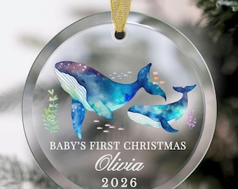 Baby First Christmas Ornament Personalized Whale Glass Keepsake Newborn Gift Boy Girl Nursery Tree Hanging Custom Initial Nautical Theme