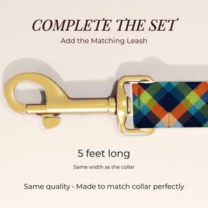 May include: A gold-toned metal swivel snap hook attached to a fabric strap featuring a multi-colored diagonal plaid pattern in orange, blue, and green. Text reads: COMPLETE THE SET, Add the Matching Leash, 5 feet long, Same width as the collar.
