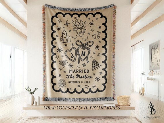 Personalized Wedding Blanket: Custom Woven Cotton Throw with Names & Date