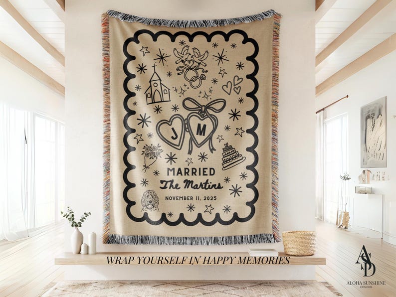 Wedding Blanket Personalized, Custom Woven Throw with Names & Date, Wedding Gift for Couple, Anniversary Blanket, Keepsake Throw with Pet