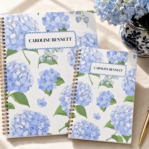 Personalized Hydrangea Planner Custom Name Hardcover Spiral Notebook Undated Weekly Monthly Organizer Woman Desk Agenda Blue Floral Coastal Preppy Design Scalloped Nameplate Gold Coil Binding Teacher Gift Professional Planner 2027 Year At