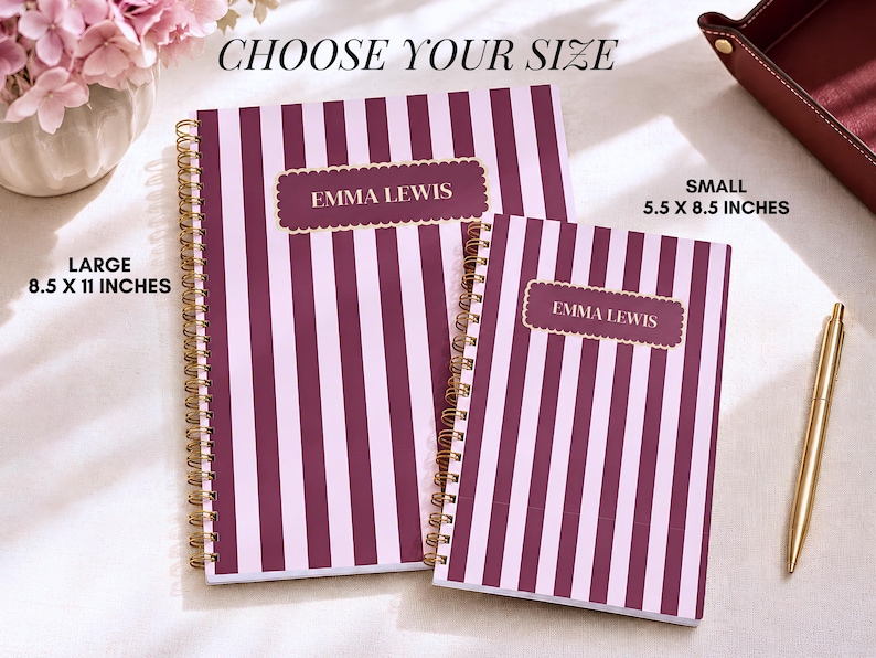 Coastal Preppy Planner Blue Hydrangea Design Hardcover Spiral Notebook Personalized Name Organizer Undated Weekly Monthly Planning Pages Scalloped Nameplate Detail Gold Coil Binding Woman Desk Agenda Professional Journal Teacher Gift