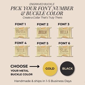 May include: Six gold-toned metal side-release buckles with engraved text examples labeled Font 1 through Font 6, each displaying the name Bella and phone number 123-456-7890. Includes color swatches for gold and black metal buckle options.