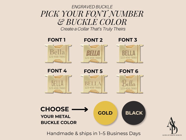 May include: Six gold-toned metal side-release buckles with engraved text examples labeled Font 1 through Font 6, each displaying the name Bella and phone number 123-456-7890. Includes color swatches for gold and black metal buckle options.