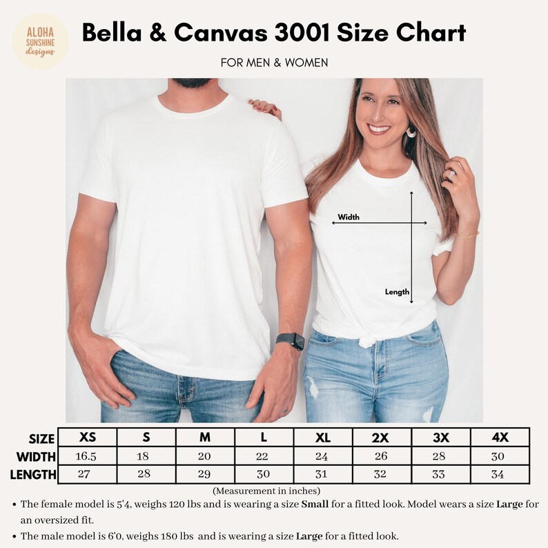 May include: Size chart for Bella + Canvas 3001 t-shirts, showing measurements in inches for XS to 4X sizes. The chart includes width and length measurements for each size.