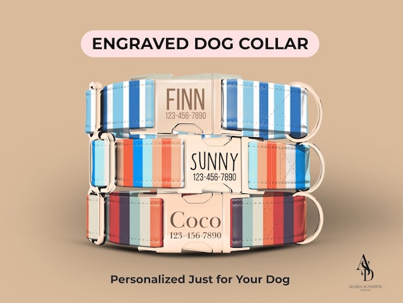 Striped Dog Collar, Personalized Summer Dog Collar, Cute Puppy Collar, Boy or Girl Dog Collar, Custom Beach Dog Collar with Leash (ASD-015)