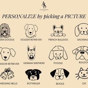 May include: A beige graphic with black line drawings of various dog breeds and a cat, including a Golden Doodle, French Bulldog, and Dachshund. Text at the top reads "PERSONALIZE by picking a PICTURE."