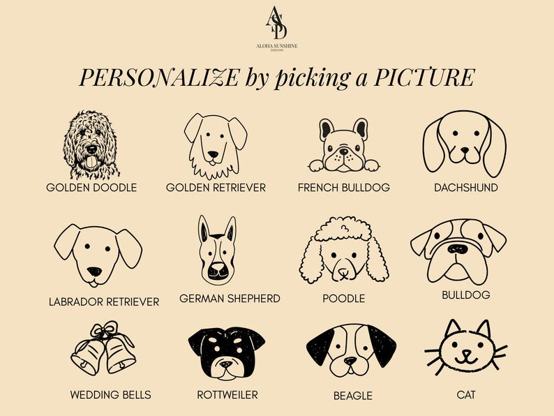May include: A beige graphic with black line drawings of various dog breeds and a cat, including a Golden Doodle, French Bulldog, and Dachshund. Text at the top reads "PERSONALIZE by picking a PICTURE."