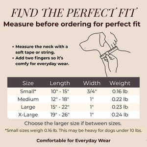 May include: A sizing chart for dog collars with the text FIND THE PERFECT FIT. It includes instructions to measure the neck with a soft tape or string and add two fingers. A table lists sizes Small, Medium, Large, and X-Large with length in inches, width in inches, and weight in pounds.