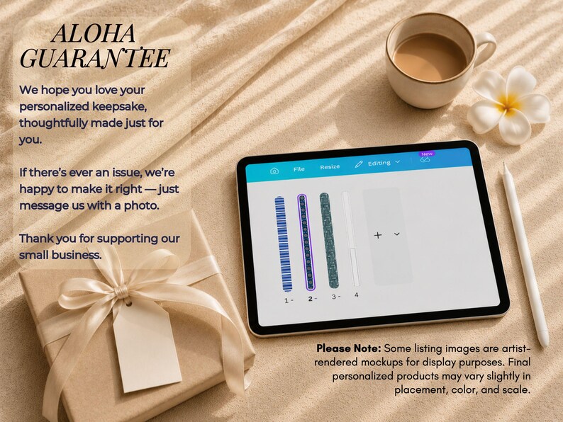 May include: A tablet displaying a digital interface with four vertical bar designs labeled 1 through 4, alongside a gift box with a ribbon, a coffee cup, and a stylus. Text on the screen includes ALOHA GUARANTEE and notes about mockups.