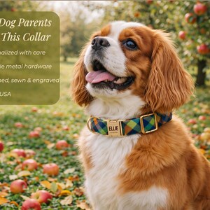 May include: A dog collar featuring a multi-colored plaid pattern in shades of blue, green, and orange, equipped with gold-toned metal hardware and a central rectangular nameplate engraved with the name ELLIE in capital letters.