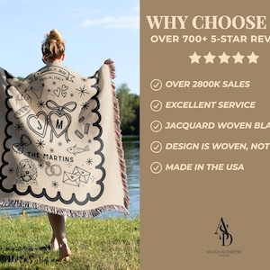May include: A beige jacquard woven blanket with a black border and fringe, featuring a personalized design with hearts, initials, and the text "The Martins." The blanket is made in the USA.
