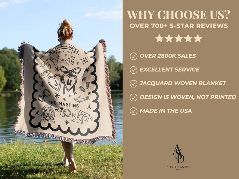 May include: A beige jacquard woven blanket with a black border and fringe, featuring a personalized design with hearts, initials, and the text "The Martins." The blanket is made in the USA.