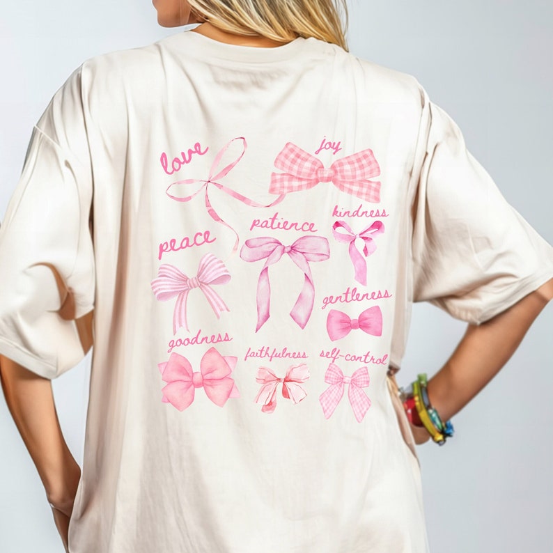 Fruit of the Spirit Shirt Christian Coquette Bow Oversized Jesus Shirt Women Graphic Tee Bible Verse Clothing Jesus Apparel Comfort Colors