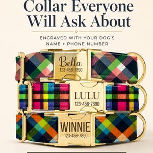 May include: Three dog collars with plaid fabric patterns in green, pink, blue, and orange. Each collar features a gold-tone metal buckle engraved with a name and phone number. Text reads: CUSTOM ENGRAVED BUCKLE, The Personalized Collar Everyone Will Ask About, ENGRAVED WITH YOUR DOG'S NAME + PHONE NUMBER, SHOP THE COLLECTION, ASD ALOHA SUNSHINE DESIGNS.