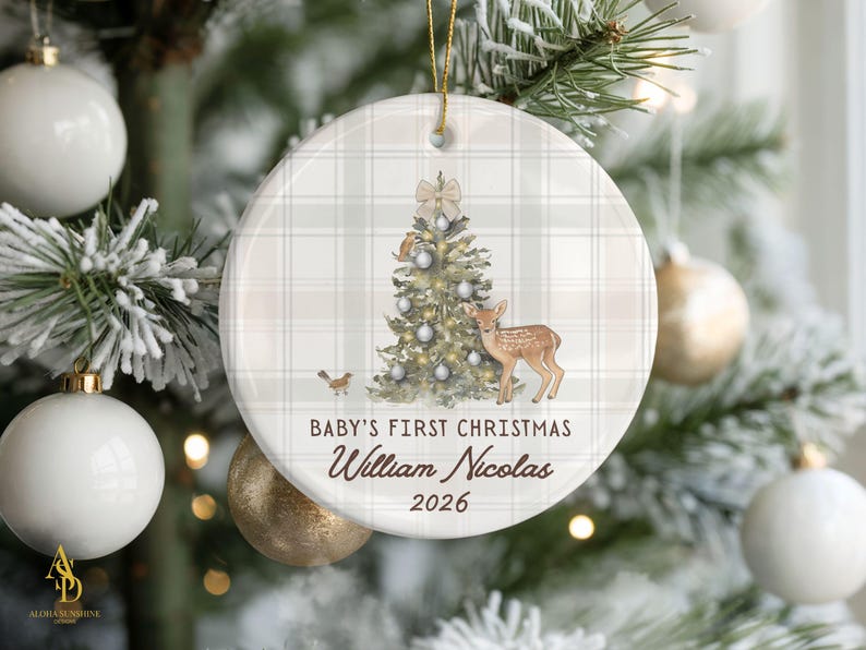 Baby Boy Ornament Personalized Ceramic Keepsake Gift New Baby Boy Christmas Newborn Boy Xmas Gift Baby Shower Grandson Present First 1st Neutral Woodland