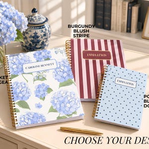 Undated Weekly Planner Monthly Organizer Personalized Hardcover Spiral Notebook Blue Hydrangea Floral Design Coastal Preppy Style Woman Desk Agenda Gold Coil Binding Scalloped Nameplate Custom Name Planning Journal Small Business Owner Gift Professional