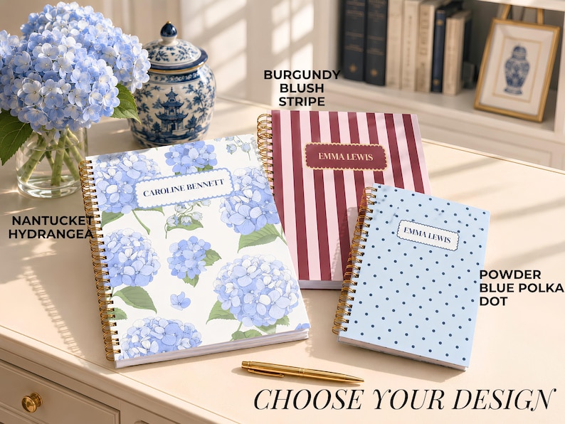 Undated Weekly Planner Monthly Organizer Personalized Hardcover Spiral Notebook Blue Hydrangea Floral Design Coastal Preppy Style Woman Desk Agenda Gold Coil Binding Scalloped Nameplate Custom Name Planning Journal Small Business Owner Gift Professional