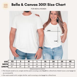 May include: Size chart for Bella + Canvas 3001 t-shirts, showing measurements in inches for XS to 4X sizes. The chart includes width and length measurements for each size.