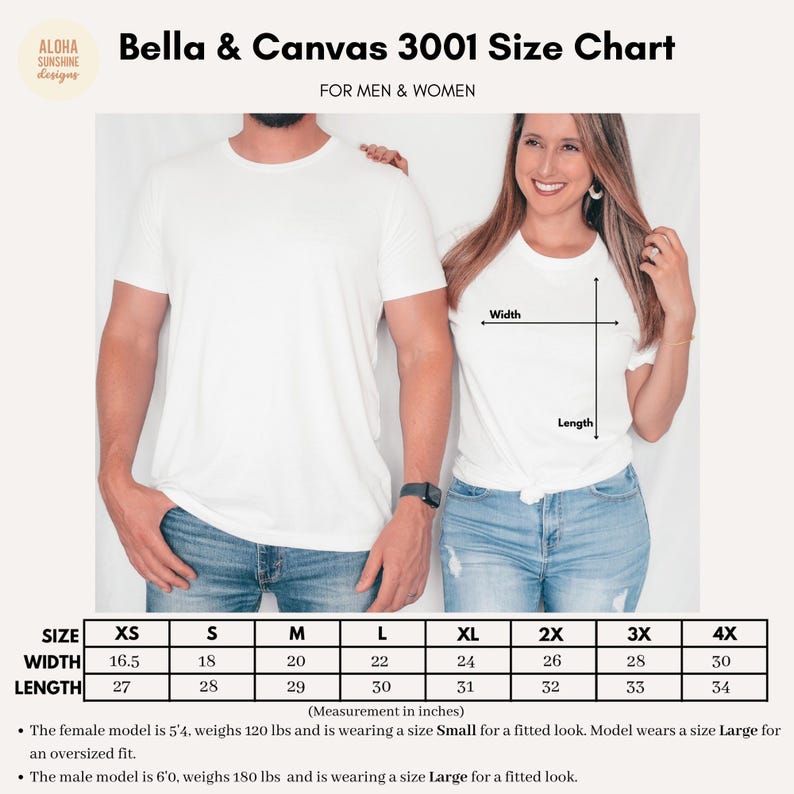 May include: Size chart for Bella + Canvas 3001 t-shirts, showing measurements in inches for XS to 4X sizes. The chart includes width and length measurements for each size.