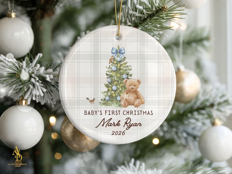 Personalized Baby Boy Ornament Custom Ceramic Keepsake First Christmas Gift New Parents Celebration Newborn Holiday Decoration Baby Shower Present Grandson Keepsake Gift Box Included Premium Quality Construction Beautiful Nursery Memory