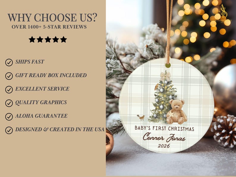 Custom Ceramic Baby Gift Personalized Boy Ornament First Christmas Keepsake Baby Shower Present Grandson Gift New Parents Celebration Holiday Tree Decoration Premium Quality Construction Beautiful Nursery Memory Custom Name Details Family