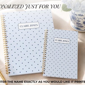 Custom Hardcover Planner Personalized Name Spiral Notebook Blue Floral Hydrangea Design Undated Weekly Monthly Organizer Coastal Preppy Style Woman Desk Agenda Scalloped Nameplate Gold Coil Binding Professional Journal Teacher Gift Planning