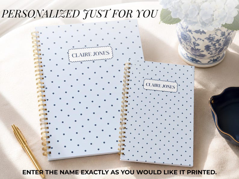 Custom Hardcover Planner Personalized Name Spiral Notebook Blue Floral Hydrangea Design Undated Weekly Monthly Organizer Coastal Preppy Style Woman Desk Agenda Scalloped Nameplate Gold Coil Binding Professional Journal Teacher Gift Planning