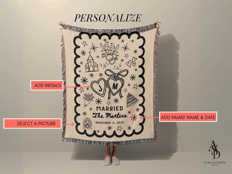 May include: A beige personalized wedding blanket with a black scalloped border. The blanket features a heart design with initials, wedding-themed illustrations, and the text "Married The Martins November 11, 2025".