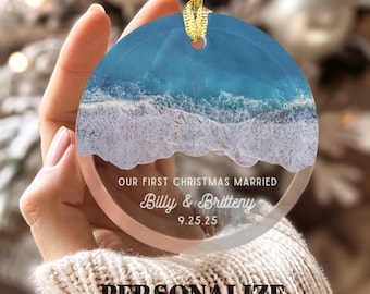 First Christmas Married Ornament 2025 Mr Mrs Decoration Personalized Keepsake Gift Newlywed Gift for Couple Beach Ocean Ornament Customized