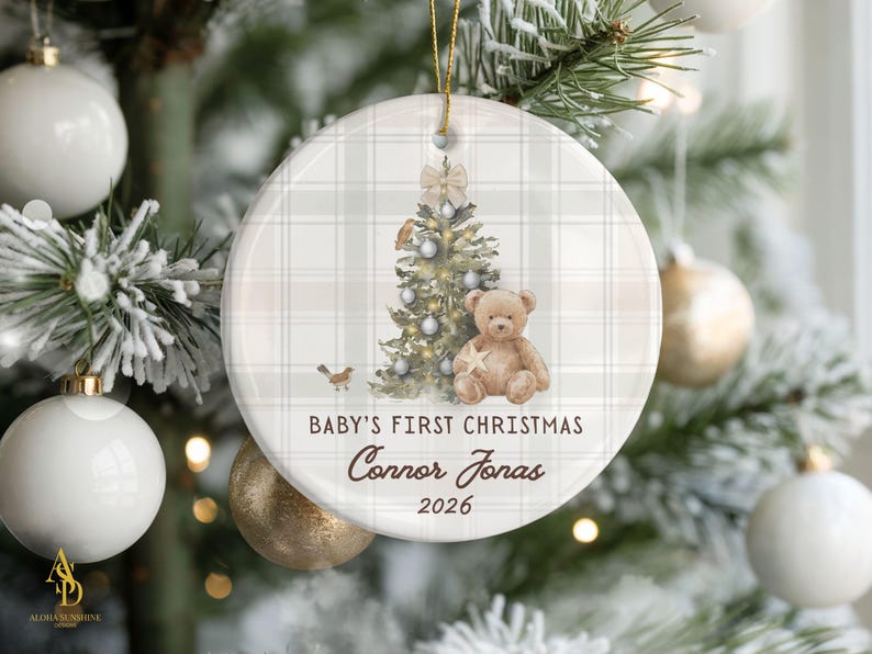 Baby Boy Ornament Personalized Ceramic Keepsake Gift New Baby Boy Christmas Newborn Boy Xmas Gift Baby Shower Grandson Present First 1st Neutral Bear