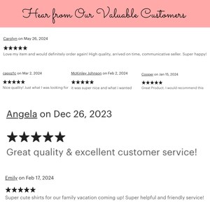 May include: A screenshot of a website with customer reviews. The reviews are all positive and praise the quality of the products and the customer service. The reviews are from customers named Carolyn, capozic, McKinley Johnson, Cooper, Angela, and Emily.