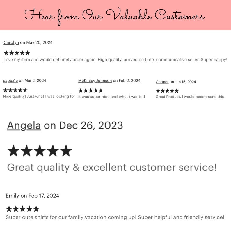May include: A screenshot of a website with customer reviews. The reviews are all positive and praise the quality of the products and the customer service. The reviews are from customers named Carolyn, capozic, McKinley Johnson, Cooper, Angela, and Emily.