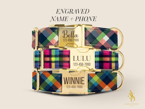 Plaid Dog Collar Personalized Engraved Name and Phone Collar Tartan Dog Collar with Leash Fall Winter Dog Collar  (ASD-007)